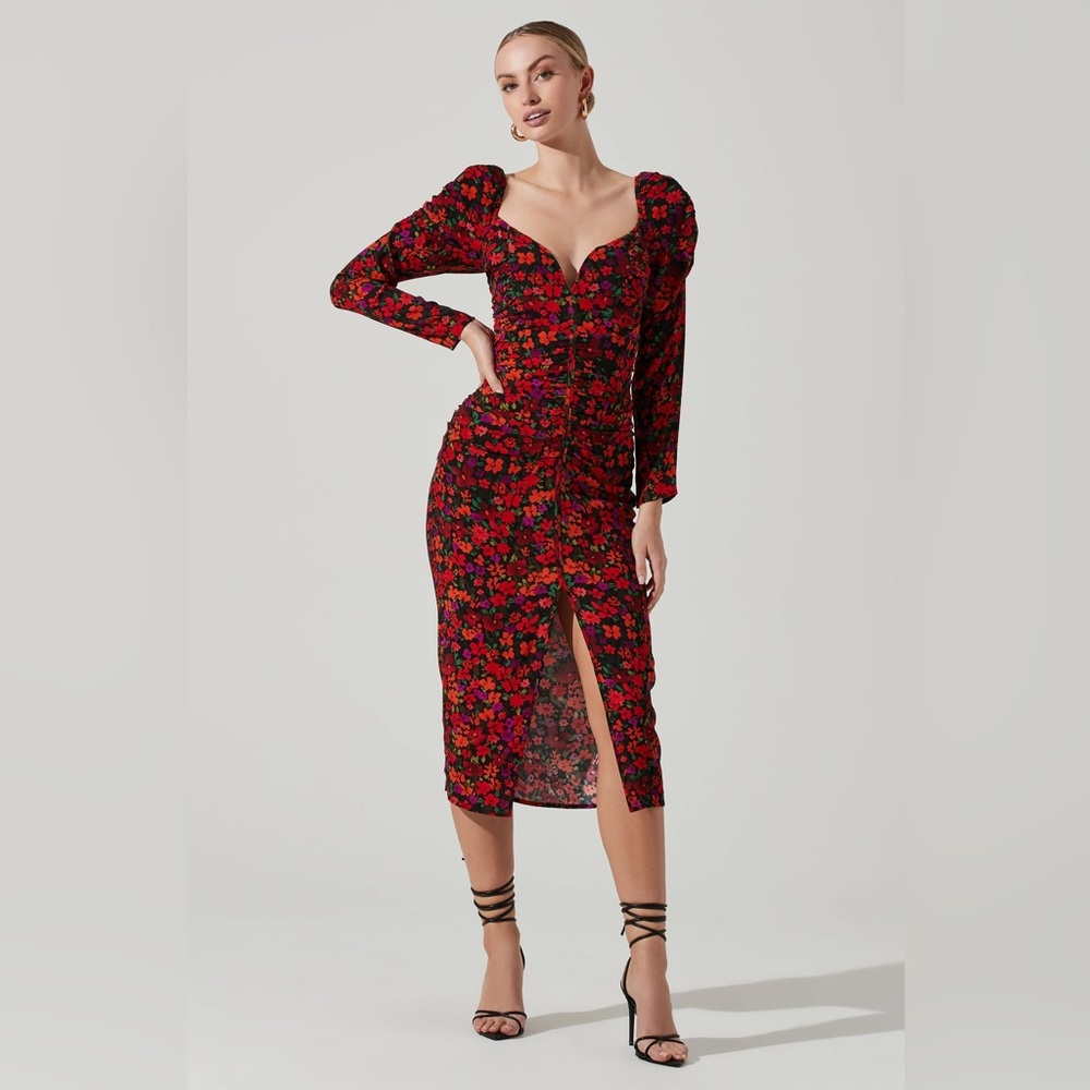 JAMILA FLORAL SWEETHEART NECK MIDI DRESS, Size L